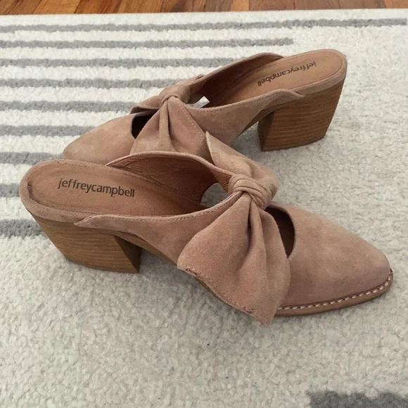 Jeffrey Campbell suede blush 3” block heeled mules with large bow - Picture 4 of 6